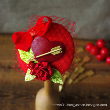 Bridal Fascinator Valentine engagement Vintage Wedding Bridesmaid red gold rose heart amors arrow Headpiece LOVE Lover Silk Bow